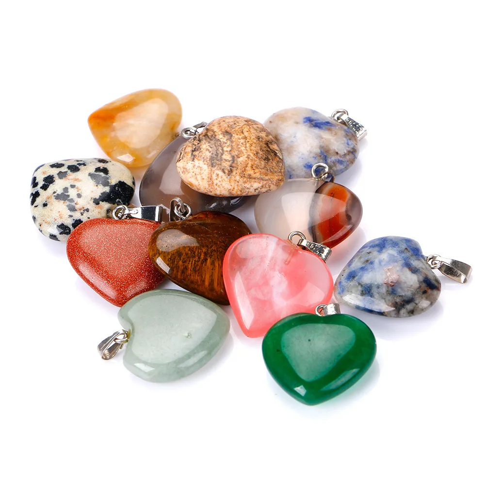 Natural Stone Love Heart Opal Tiger's Eye Kallaite Pink Quartz Crystal Chakra Reiki Healing Pendulum Penant Necklace