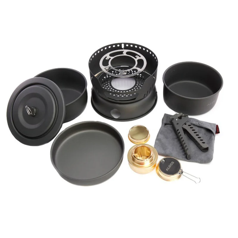 US $70.87 Alocs 24 Person Cooking Set 10 Pieces Camping Cookware Outdoor Hiking Picnic Utensil Spirit Stove Alcohol Cooker Pot Windshield