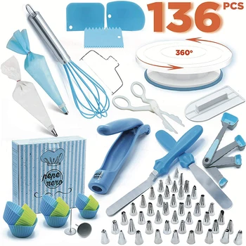 

136-Piece Cake Decorating Turntable Set Cake Mold Decorating Mouth Baking Tool with Piping Bag Nozzle Reusable Cake Tools Set