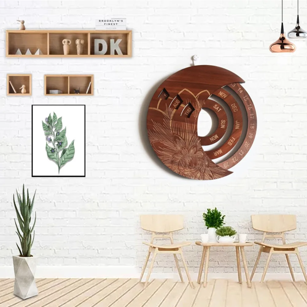 Wooden Round Turntable Calendar Creative Wooden Wall Calendar Wall Hanging Crafts Desktop Decorative Classic Gift