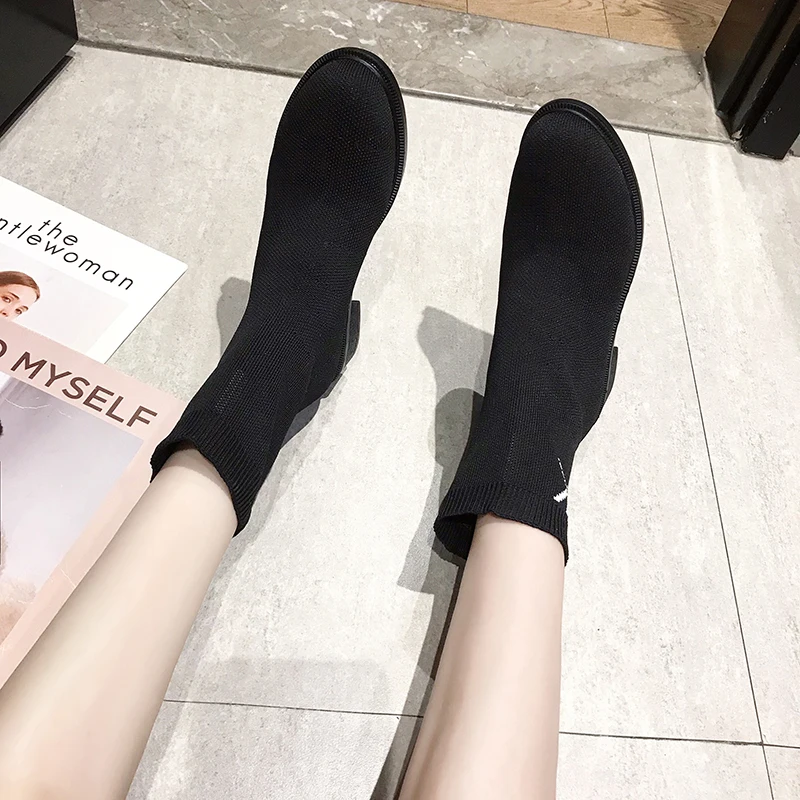Knitted short stretch fabric socks boots low heels letter black ankle martin booties round toe slip on winter snow bottes femme