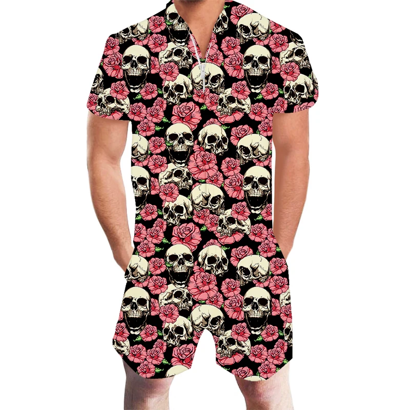 Funny 3d Floral Skull Print Mens Romper Hawaiian Jumpsuit Summer Playsuit Overalls One Piece Beachwear Casual Men's Clothes 6XL