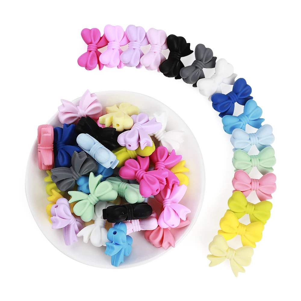 Bowknot Silicone Beads Silicone Teething Toys Silicone Beads Silicone Teether Silicone Teething Beads For Baby Necklace Teether BPA Free Baby Pacifier Chain DIY Accessories 10Pc