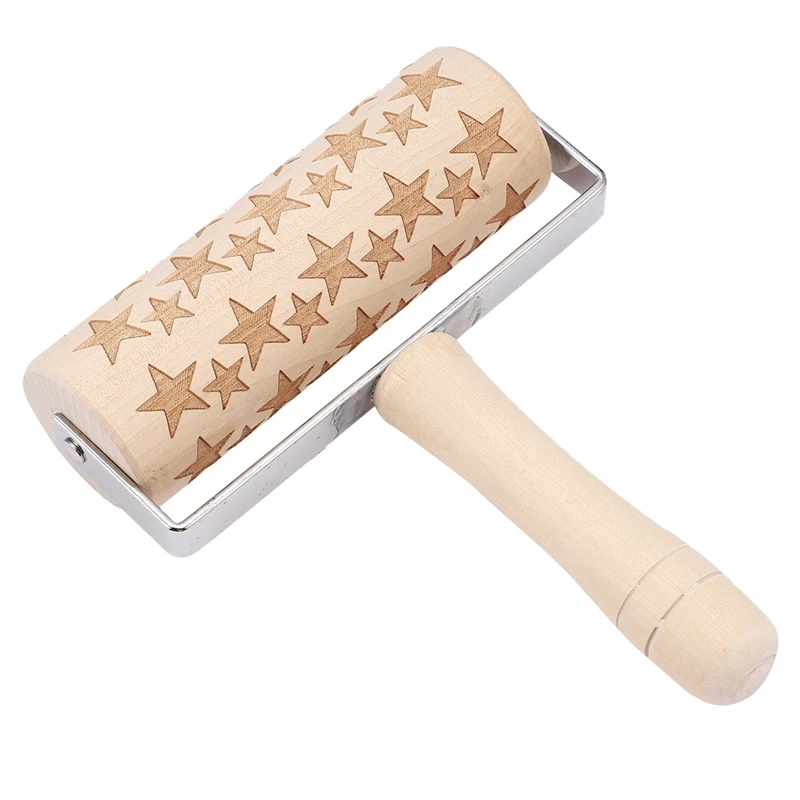 Christmas Embossed Wooden Rolling Pins with 3D Engraved Christmas Pattern Embossing Rolling Pin for Embossed Cookies Waffles Pas