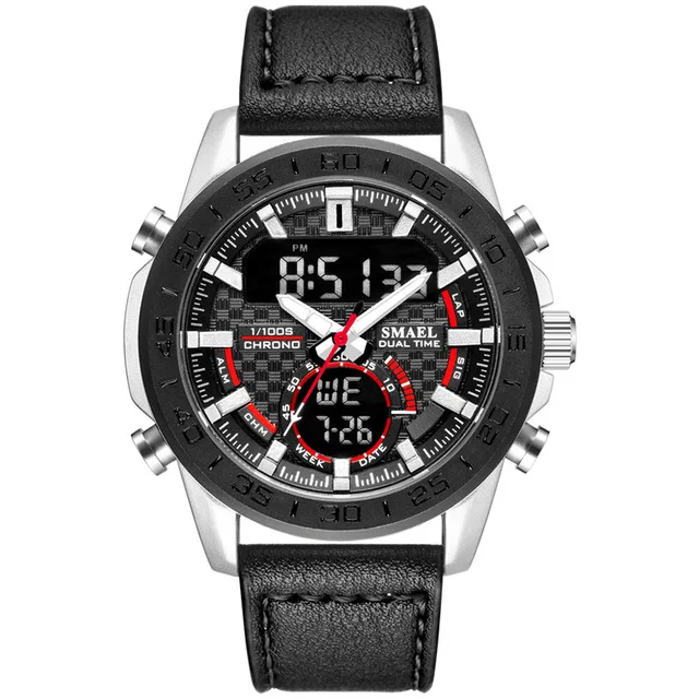 SMAEL модные мужские часы с двойным дисплеем мужские военные спортивные цифровые наручные часы деловые кожаные кварцевые часы Reloj Hombre - Цвет: Black Red