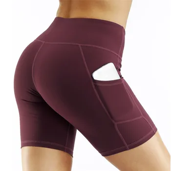 

Women High Waist Yoga Shorts Solid Color Compression Exercise Running Cycling Fitness Shorts with Side Pockets