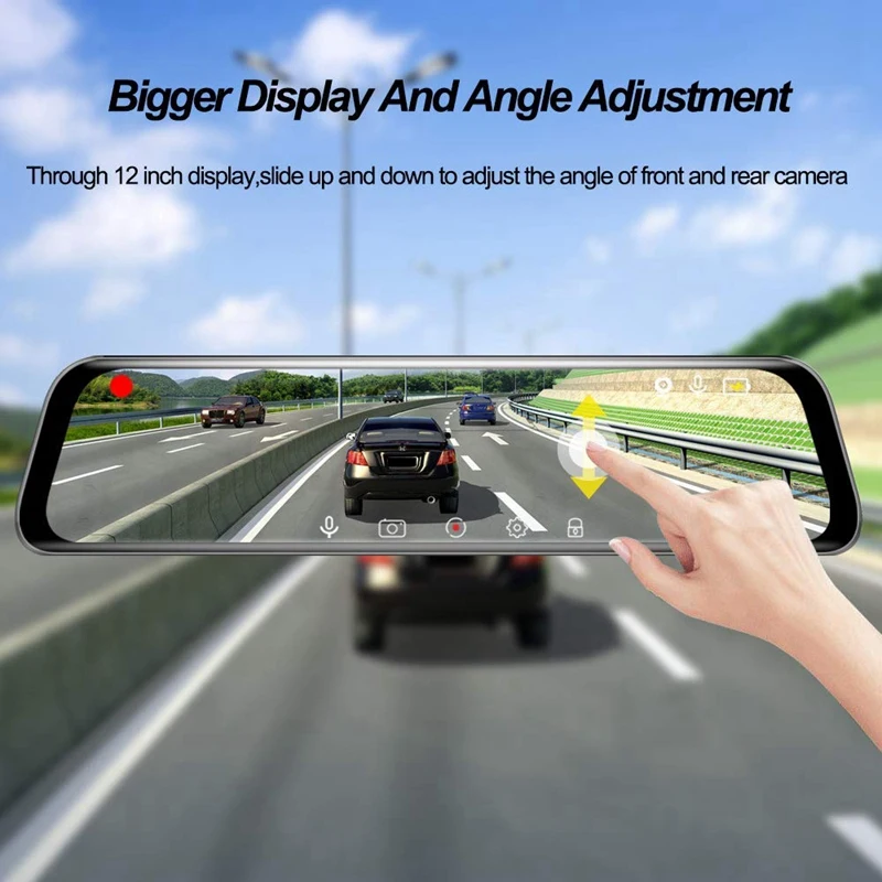  IPS 12 Inch Dash Cam Rear View Mirror Dashcam with FHD 2K+1080P Dual Lens Contact Screen Mirror Das