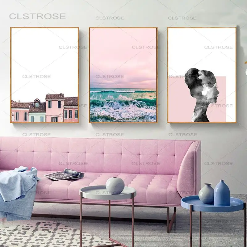 

Seascape Landscape Figure Nordic Canvas Home Decor Poster Girl Bedroom Living Room Picture Print Wall Art Pink Colorful Painting