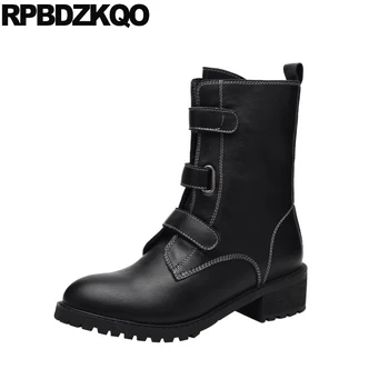 

black short big size genuine leather women ankle boots medium heel 10 high quality fall zipper chunky round toe block 2019 shoes