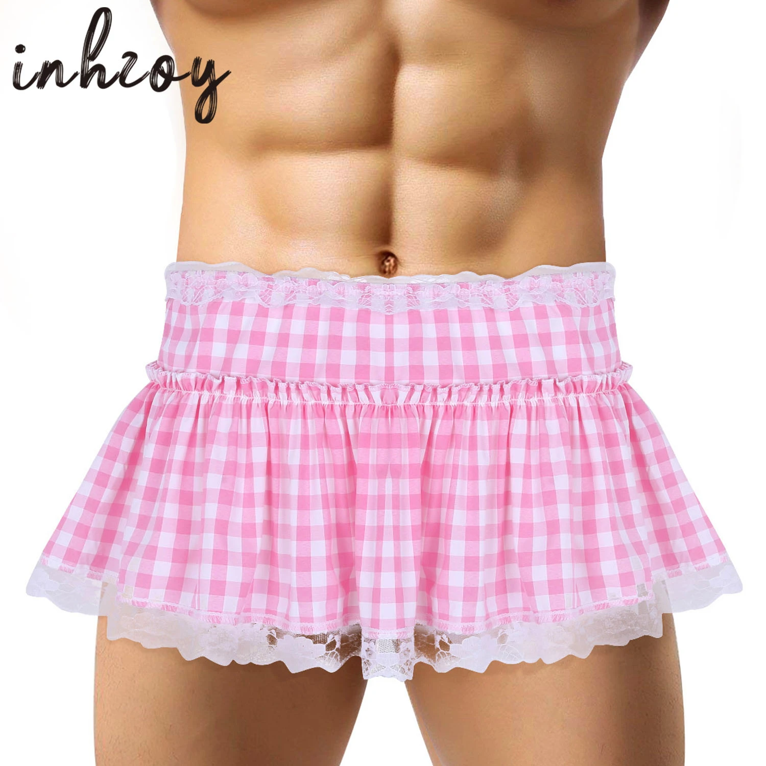 Pink Sissy Skirt Mens Ruffled Plaid Lace Openwork Crossdressing Micro Mini Skirt custom pajama pants