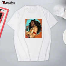 Летняя женская черная футболка с принтом в африканском стиле, с вьющимися волосами, Женская Футболка Harajuku, крутая одежда, женская футболка, белые топы, футболка