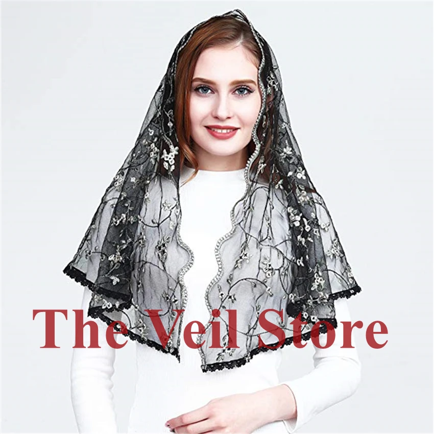 Infinity Mantilla Sluier Katholieke Kerk Latijnse Mis Heilige Communie Religieuze Ceremonie Hoofdbedekking Formele Kant Sjaal Marine Blauw Zwart V115
