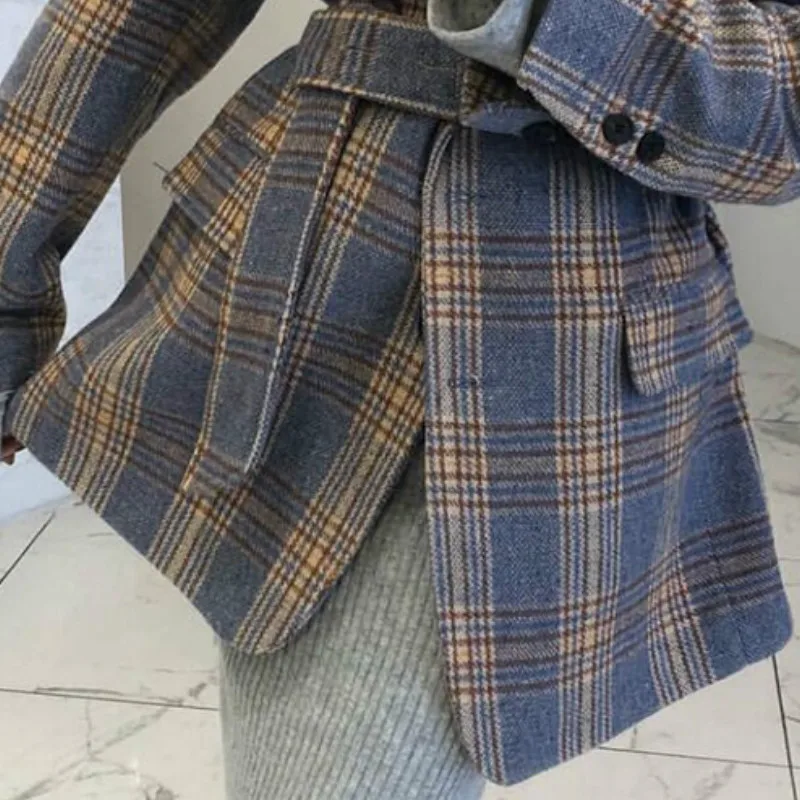 Neploe Chic Plaid Striped Single Breast Work Office Style Blazer Feminino Slim Waist Lace Up Turn Down Collar Long Sleeve Coat
