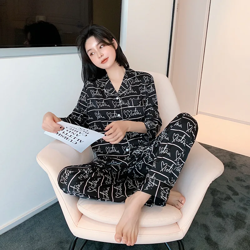 

Imitation Silk Pajamas Women's Long Sleeve Two-piece Set Casual Ins Silk Printing Summer Home Clothes