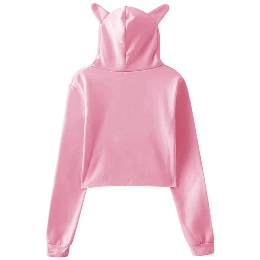 Милые свитшоты с кошачьими ушками женские короткие толстовки sudadera осенние женские пушистые шляпы с капюшоном пуловер Черный Белый kpop
