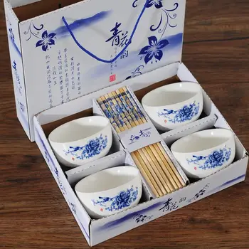 

4pcs Creative Blue-and-white 4.5-inch Rice Bowl Ceramic European Simple Household Soup Bowl wedding Gift Bowl Set