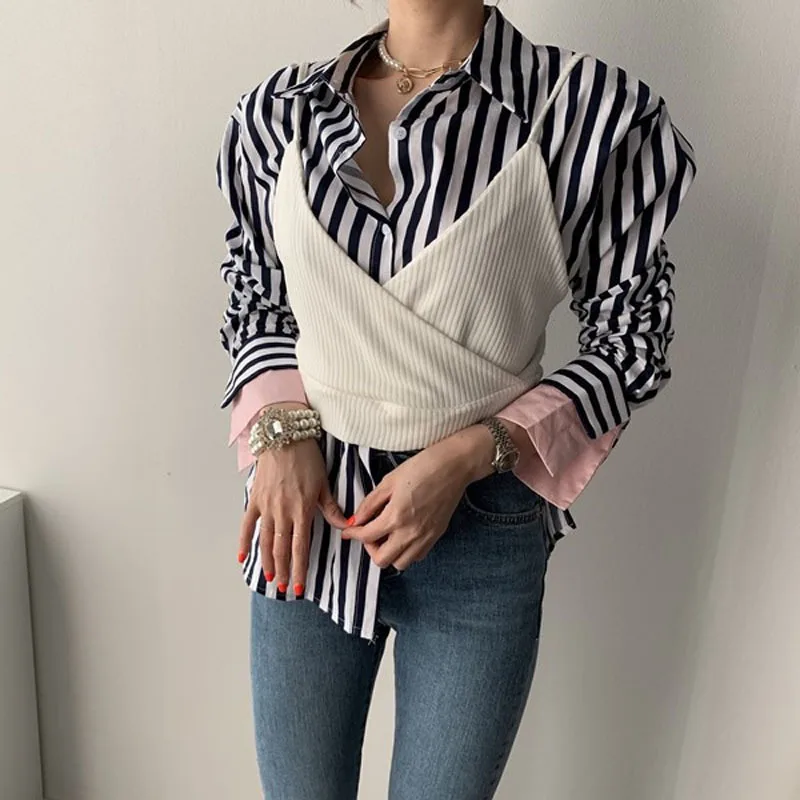 

2019 Autumn New Style Sense of Design Joint Striped Shirt Elegant Slim Fit Versatile Camisole Two-Piece Set