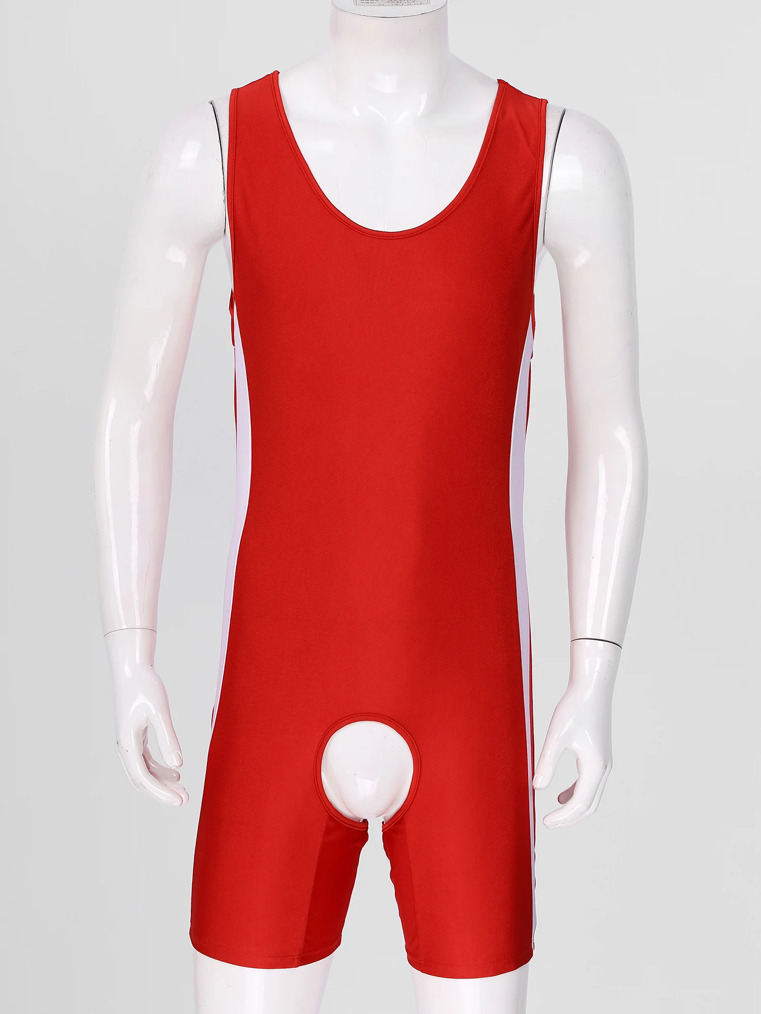Men Crotchless Open Butt Bodysuit Jumpsuit Sleepwear Color Block Sleeveless U Neck Hollow Out Teddies Nightwear