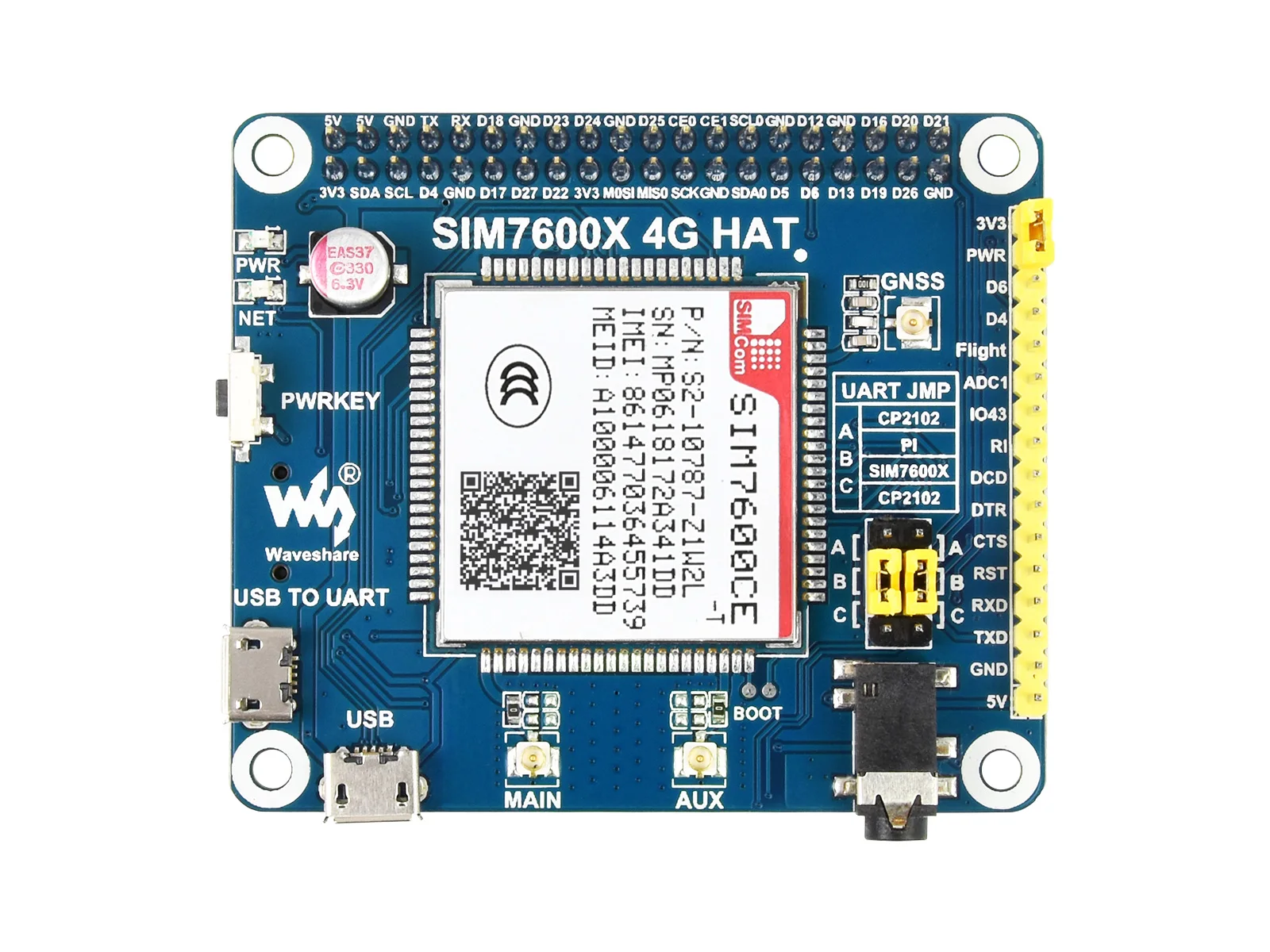 Waveshare  ̿ SIM7600CE 4G HAT, LTE Cat-4 4, 3G, 2G , GNSS Ŵ, ߱