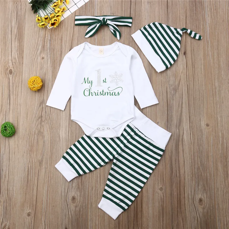 Комплект одежды для новорожденных из 3 предметов, боди с надписью на первое Рождество, комбинезон для маленьких мальчиков, штаны в полоску, шапки, Рождественский комплект для маленьких девочек, костюм для младенцев - Цвет: Зеленый
