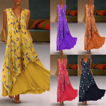 

Cover Up Swimsuit Summer Beach Dress Long Tunic Pareo Swimwear May Female Pocket Print Fake Neck Sleeveless Back Zipper