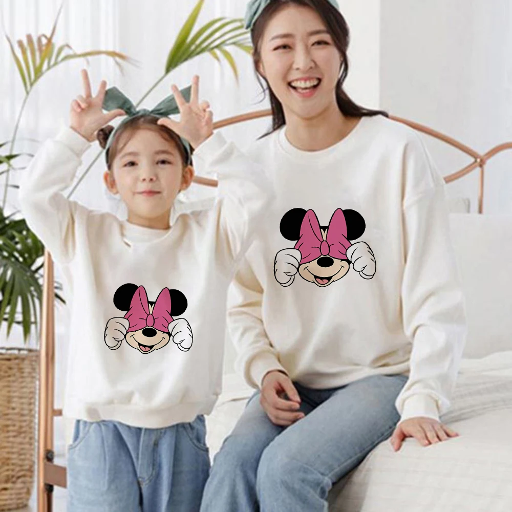 Disney Cute Minnie Mickey Print Unisex Sweatshirt Cartoon Mama and Daughter Tshirt Hoodies Family Look Top Pullover Clothes matching family outfits Family Matching Outfits