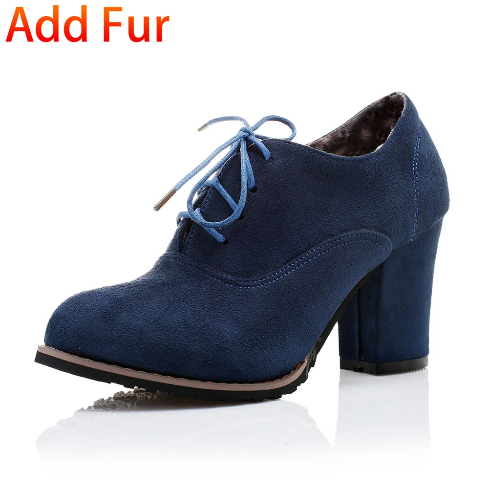 Sarairis Large Size 31-48 Autumn Fashion Ladies High Heels Shoelaces Shoes Woman Casual Office Lady Pumps Women Booties - Цвет: blue add fur