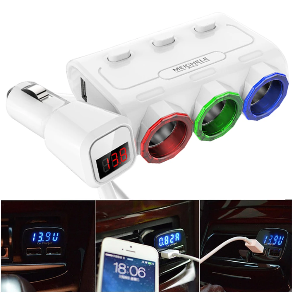Colorful Lights Three In One Cigarette Lighter Plastic 120W Dual USB Digital Display Car Supplies Car Charger Multifunctional