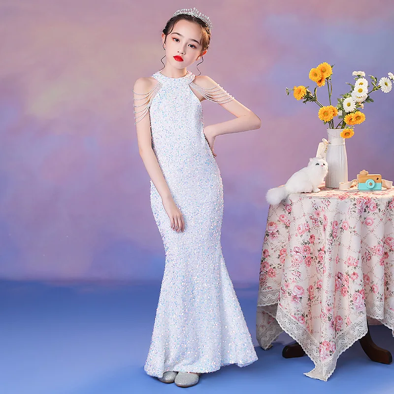 Evening Dress for Girls Kids Elegant Gowns Teen Birthday Party Dresses Sexy Multicolor Sequins Graduation Performance Tail Dress