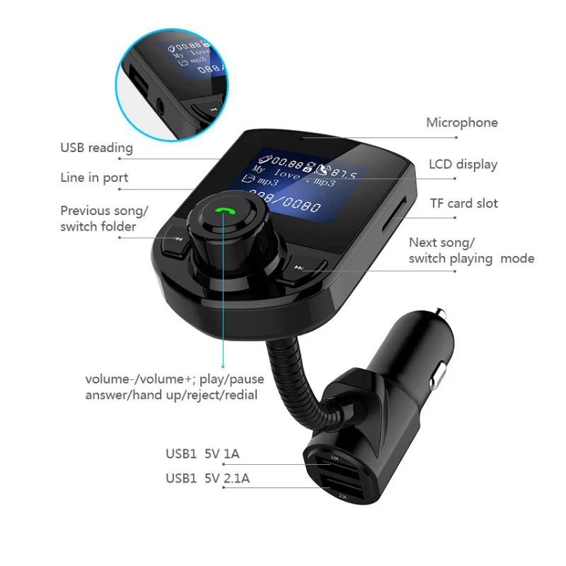 JaJaBor FM Transmitter Bluetooth Car Kit Handsfree Calling AUX Car MP3 Audio Player Voltage Detection Dual USB Car Charger
