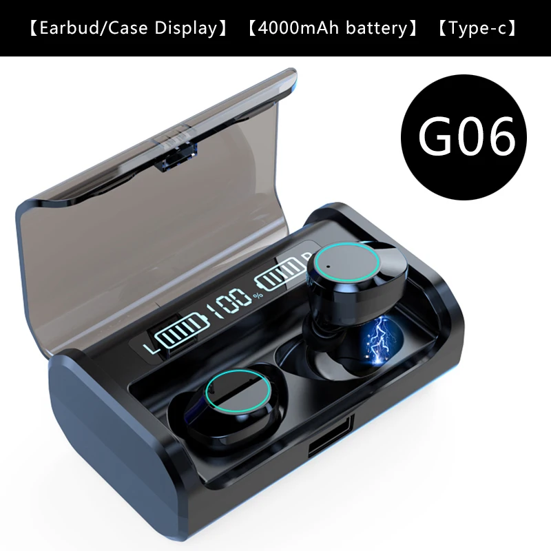 G06 dual LED G02 V5.0 Bluetooth стерео наушники беспроводные IPX7 водонепроницаемые сенсорные наушники гарнитура 3300 мАч светодиодный аккумулятор с дисплеем type-c чехол для зарядки - Цвет: G06 dual LED
