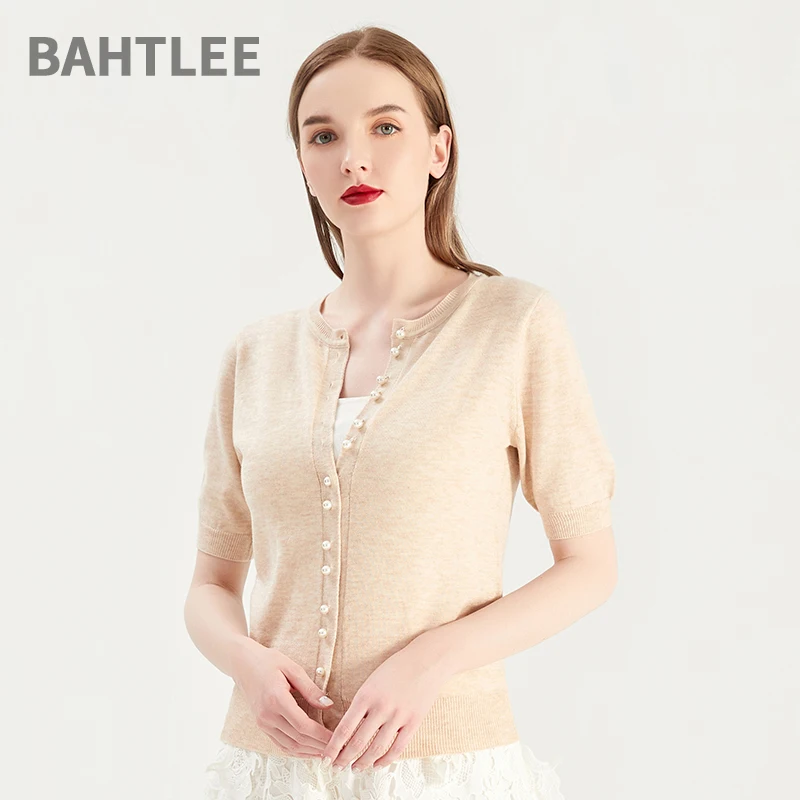 

Женский кардиган BAHTLEE-Merino Wool, свитер с круглым вырезом, короткие рукава, жемчужная пуговица, весенне-летнее пальто, 4 цвета