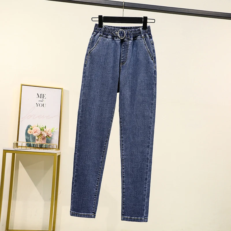 

Plus Size Elastic Waist Jeans Woman High Waist Stretch Trousers With Ring Straight Denim Korean Loose Casual Elastic Pants 5XL