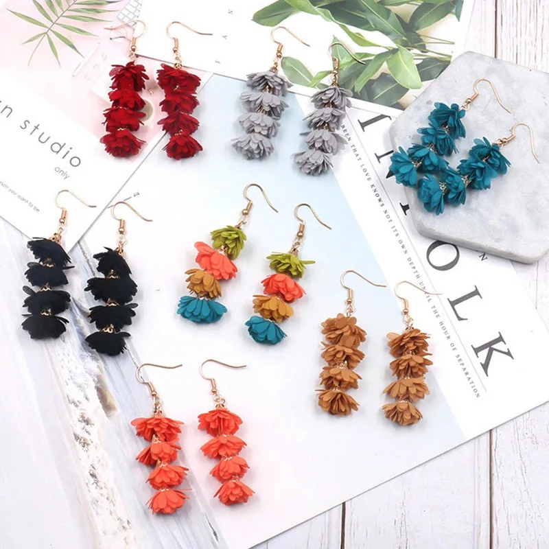 Новая мода Цветок из текстиля длинные бахрома Серьги-Подвески ручной работы