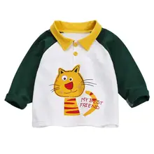 Детский пуловер с рисунком кота; детский джемпер с длинными рукавами и отложным воротником; Осенняя хлопковая дышащая футболка на пуговицах; топы; От 6 месяцев до 3 лет