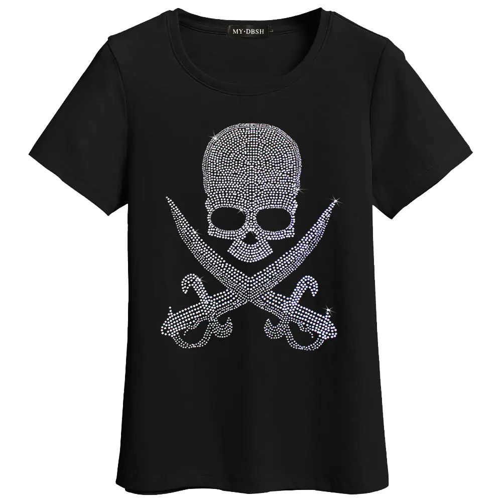 Модная футболка женская Blusa Мягкий хлопок футболки сверкающие алмазы с принтом «череп» Футболка harajuku короткий рукав женская одежда - Цвет: T003-O-Black