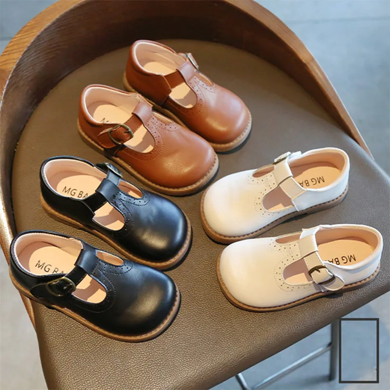 Zapatos calados de plataforma con correa en T para niños, zapatillas de princesa con hebilla, de cuero, color negro y marrón