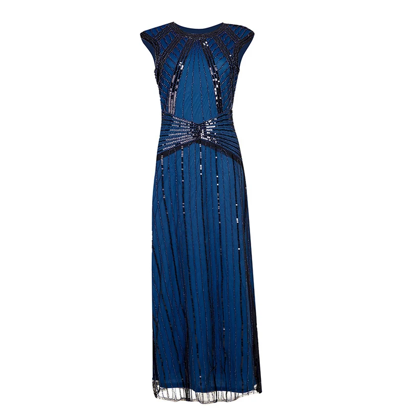 Blue Dress Женские 1920s в бусинах и пайетках геометрический узор Макси Длинный Хлопушка в стиле Гэтсби платье - Цвет: Blue Dress