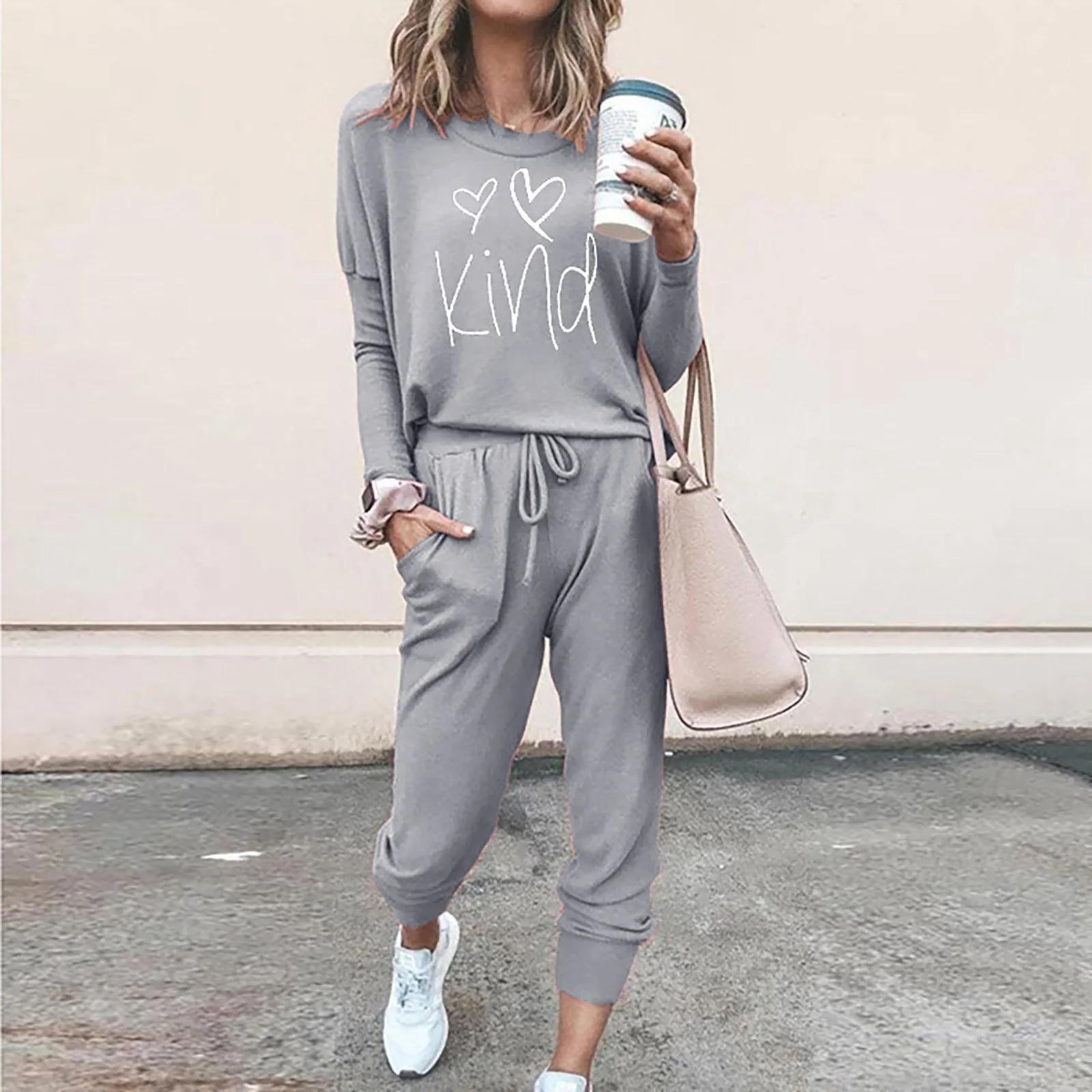Fashion Women's Sports Suit Printed O-Neck Pullover Set 2 Pcs Solid Color Casual Bandage Loose Long Sleeve Clothes For Females 1