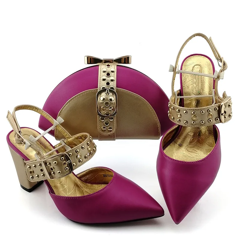 

Popular purple women dress shoes match handbag with rivet style African pumps and bag set for party MM1092,heel 9CM