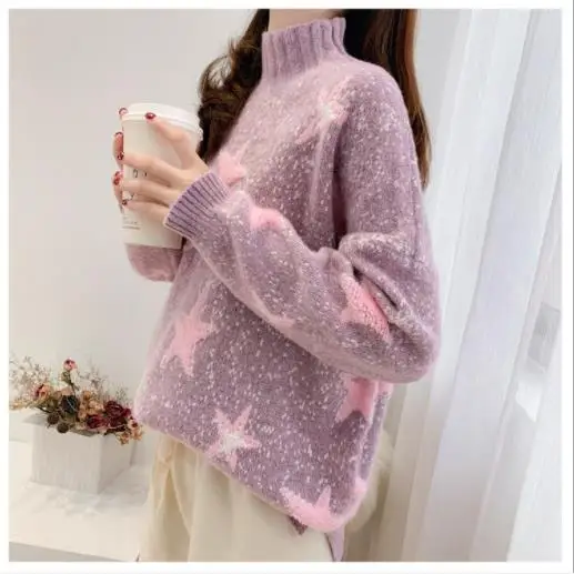 Light Pink Модный Рождественский свитер, пуловеры для женщин,, короткий, принт со звездой, вязаный Топ, джемпер большого размера, мягкий, теплый, Pull Femme Nouveaute M142 - Цвет: Light Pink