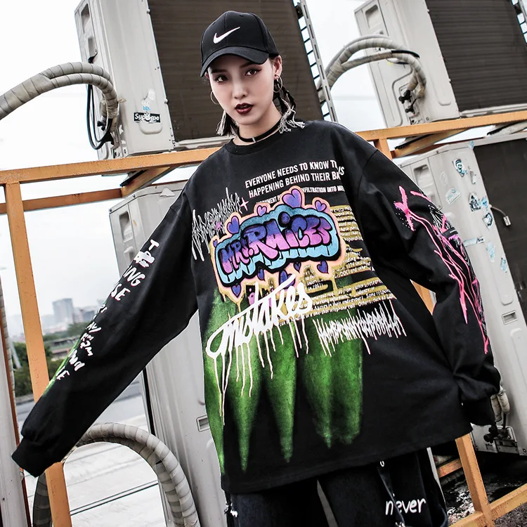 black Vefadisa Spring Woman Black Cotton Letter Printed Pullover T-shirt Full Sleeve O-Neck T-shirt Streetwear T-shirt QYF246 - Цвет: black