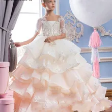 Новая Кружевная аппликация, 1/2, детская одежда из органзы с рукавами, праздничная одежда, платья для девочек с цветочным рисунком, платье для первого причастия, индивидуальный заказ, размер от 2 до 16 лет