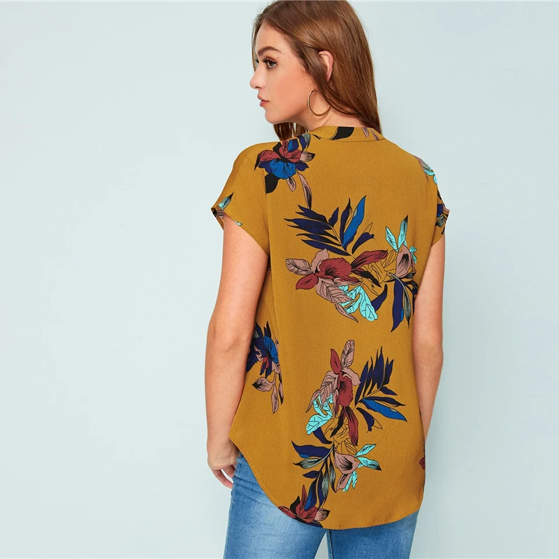 SHEIN желтый v-образный вырез цветочный принт зубчатый блузки женские топы и блузки летние повседневные с коротким рукавом Boho Блузка Женская Топ