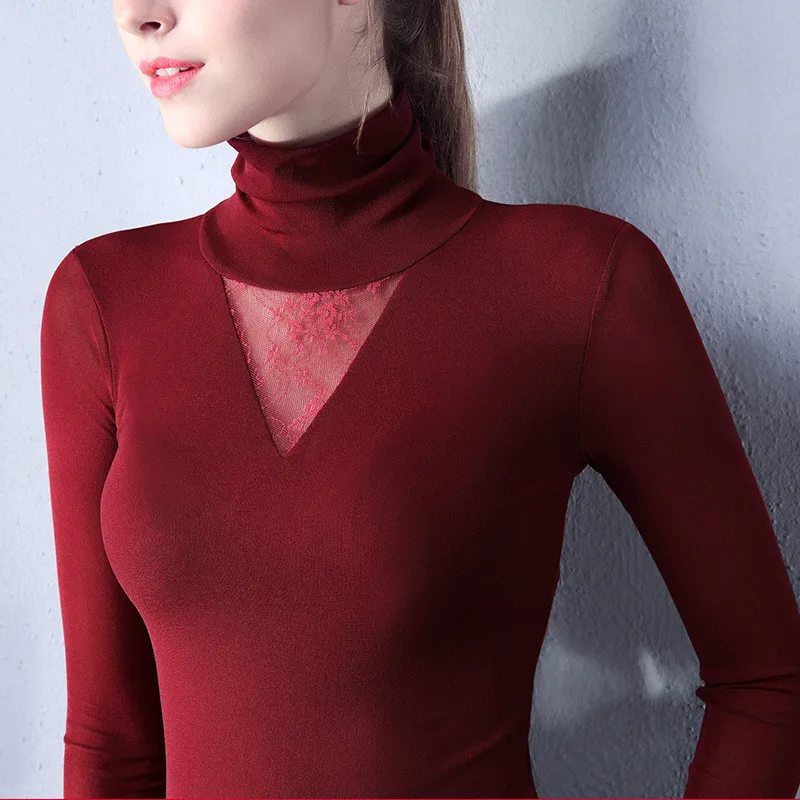 Осенняя Корейская женская футболка Ulzzang, сексуальная Офисная Женская рубашка с длинным рукавом, из кусков, с кружевной подложкой, Женская водолазка, модные топы, футболка