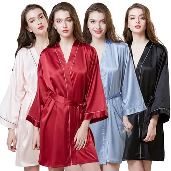 

Bathrobe women towel sexy sleepwear Imitation silk nightgown women's summer long-sleeved dressing gown ice silk sexy pajamas