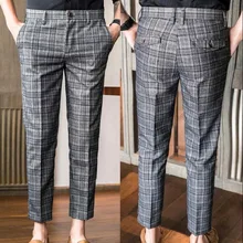 Мужские узкие прямые Костюмные брюки, повседневные брюки, полосатые клетчатые мужские брюки с принтом, брюки длиной до щиколотки, деловые рабочие Костюмные брюки
