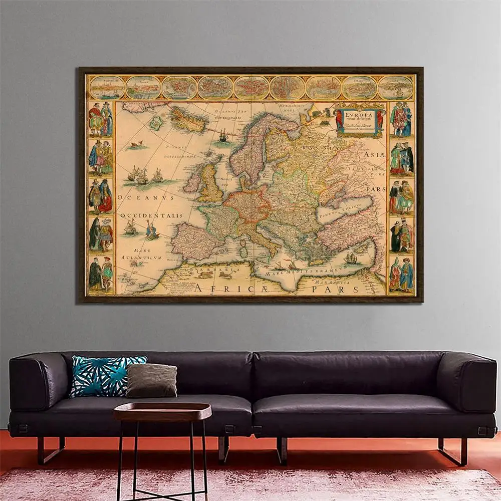 

150x225cm Vintage Wall Art Pictures Middle Ages Europe Map Posters and Prints Canvas Paintings for Living Room Office Home Decor