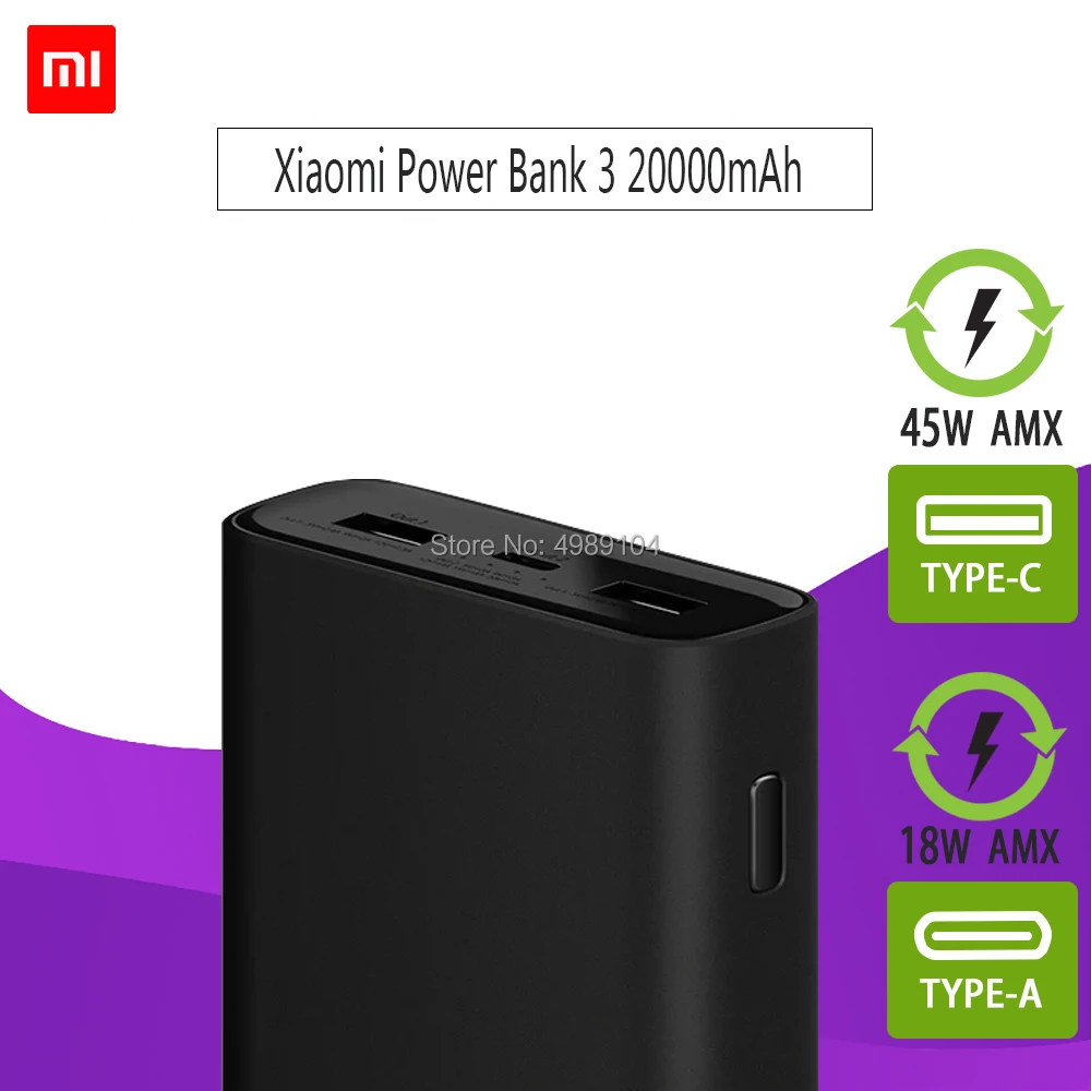 Xiao mi 20000 мАч power Bank 3 mi power bank PLM07ZM двойной USB выход USB-C 45 Вт двухстороннее быстрое зарядное устройство Расширенный аккумулятор