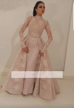 

Muslim Evening Dresses A-line High Collar Long Sleeves Appliques Lace Islamic Dubai Saudi Arabia Long Evening Gown Prom Dress